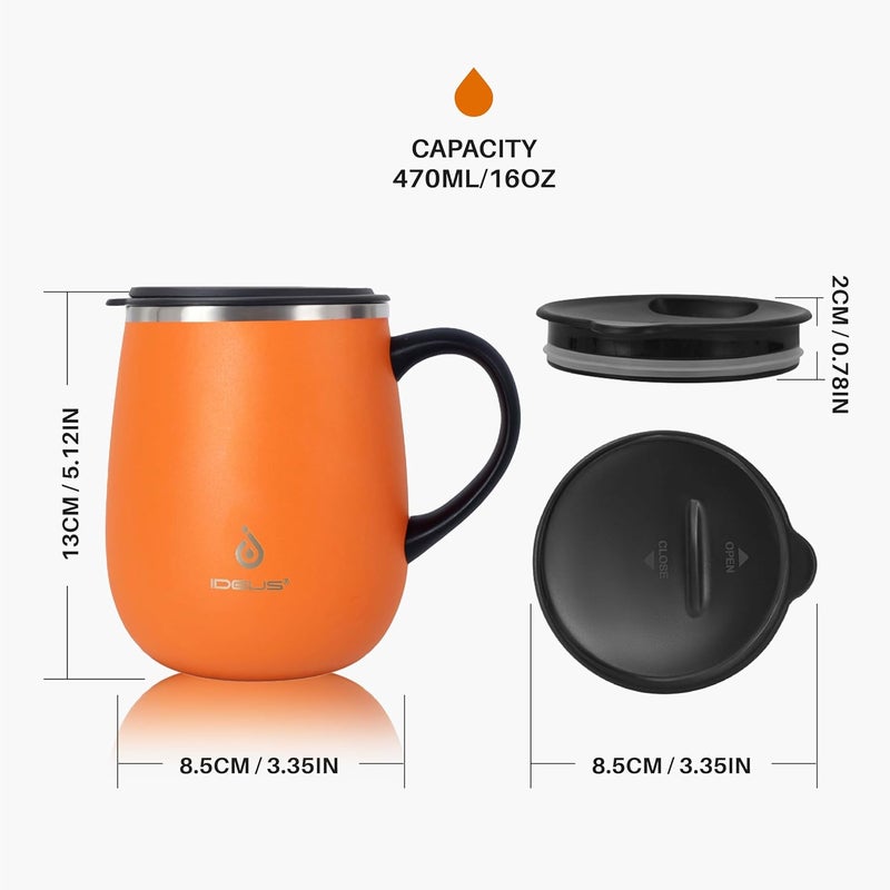 ideus 16 oz Insulated Coffee Mug with Handle and Lid, Double Wall Stainless Steel Vacuum Thermal Coffee Mug, Travel Coffee Cup Thermal Cup for Home and Office, Orange Tiger - Image 5